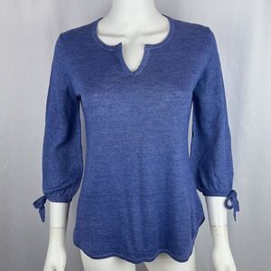 Talbots XS 100% Linen Blue Knit 3/4 Sleeve Tie Blouse Top